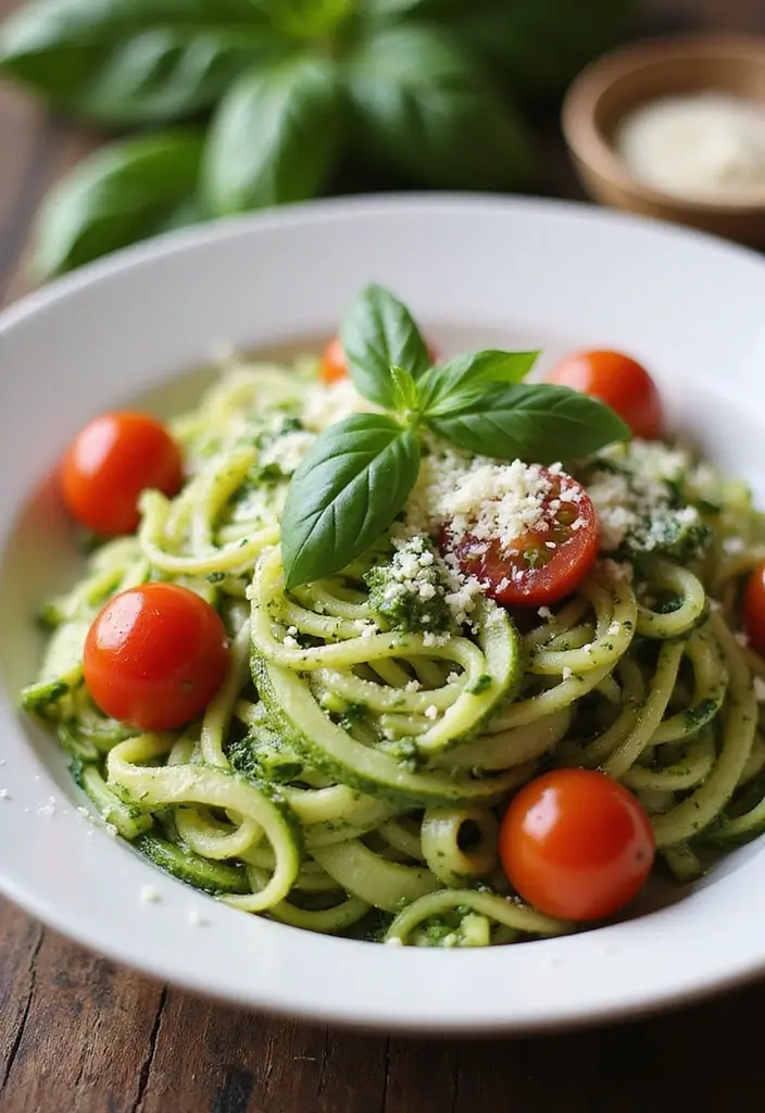 26 Low Carb Lunch Ideas for Work That Taste Delicious and Keep You Full 1 26 Low Carb Lunch Ideas for Work That Taste Delicious and Keep You Full - 1. Zucchini Noodles with Pesto and Cherry Tomatoes