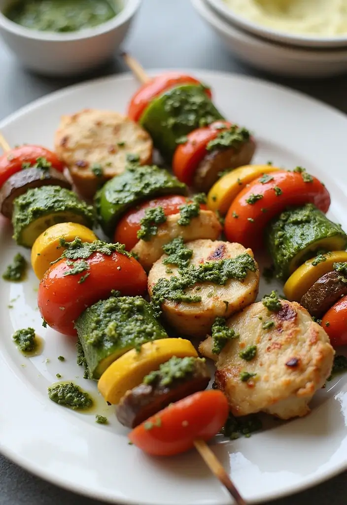 27 Work Lunch Ideas for Men That Are Filling and Protein-Packed - 23. Pesto Chicken and Veggie Skewers