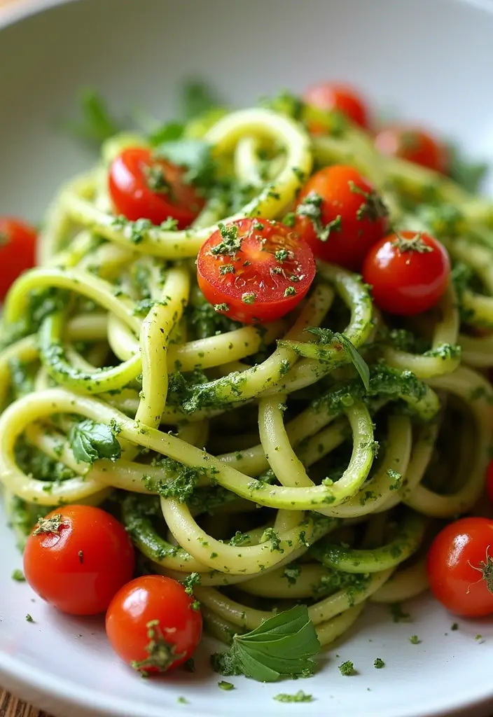27 Work Lunch Ideas for Men That Are Filling and Protein-Packed - 27. Zucchini Noodles with Pesto and Cherry Tomatoes