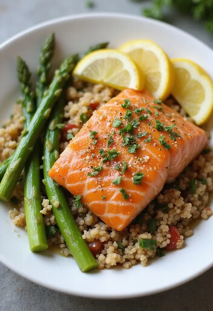 27 Work Lunch Ideas for Men That Are Filling and Protein-Packed - 5. Salmon and Asparagus Quinoa Bowl