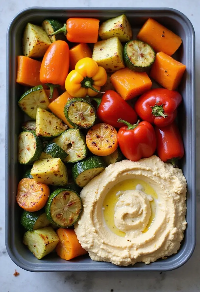 30+ Box Lunch Ideas for Adults That Are Tasty and Practical 63 30+ Box Lunch Ideas for Adults That Are Tasty and Practical - 11. Roasted Veggie & Hummus Plate
