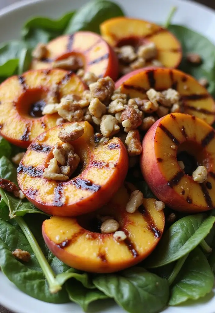 30+ Healthy Lunch Ideas for Adults to Stay Energized Through the Day - 24. Grilled Peach & Spinach Salad